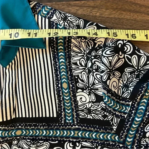 ❤️ Express Portofino Blouse Teal Black Roll Tab Sleeves Floral Stripes XS - Picture 10 of 11